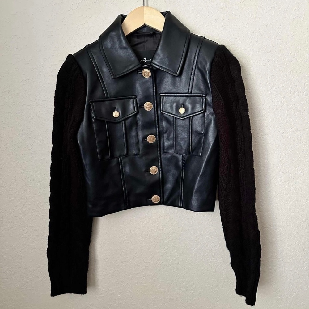 7 FOR ALL MANKIND Women’s Black Faux Leather Cropped Jacket XS Knit Sleeves